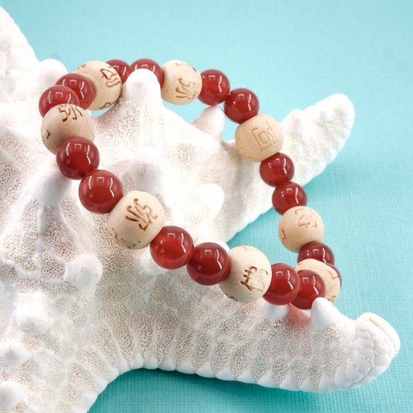 Carnelian Wood Beads Stretch Bracelet, Vintage Beaded Bracelet - Picture 1 of 8
